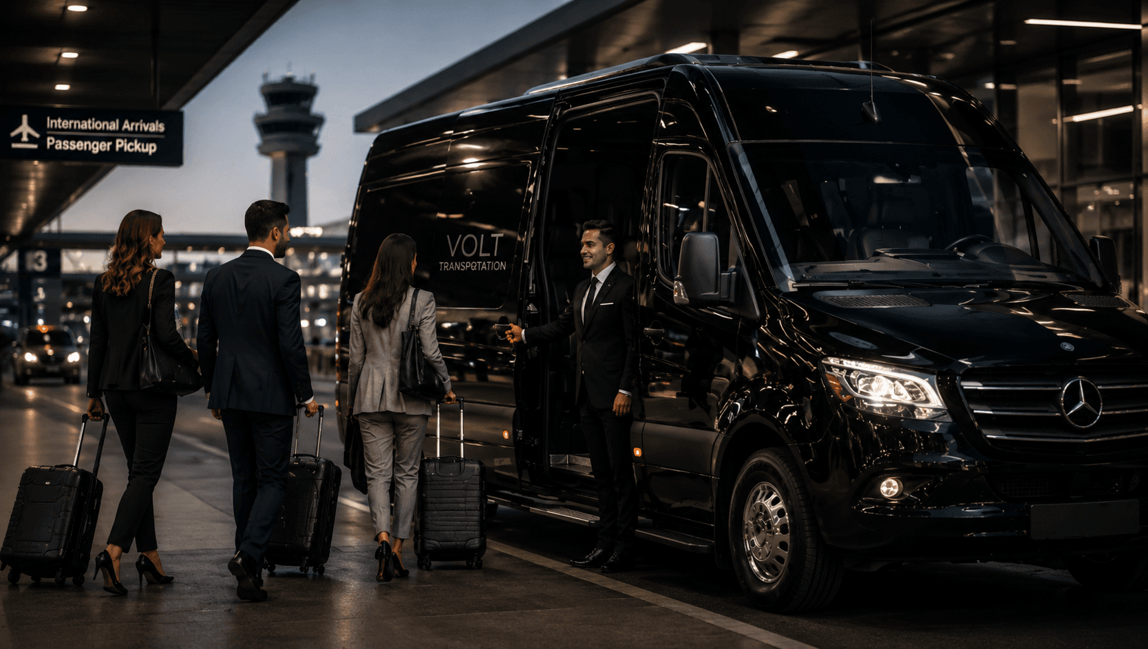 A Volt chauffeur assisting a passenger boarding the shuttle