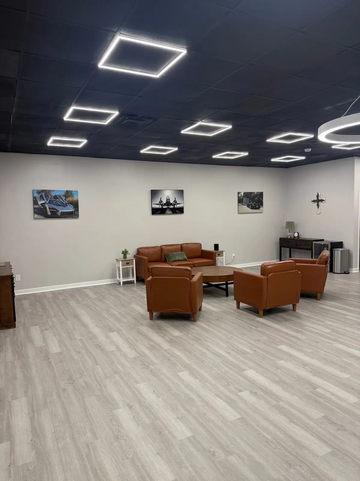 Leather sofas and armchairs in the Volt Transportation passenger lounge